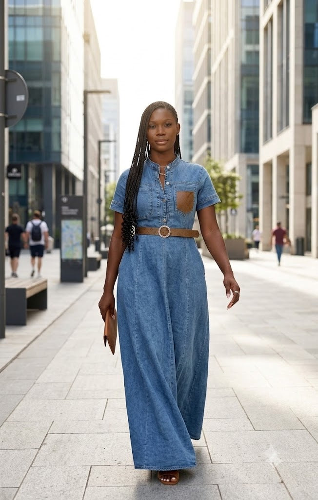 Robe longue en jean à poche poitrine