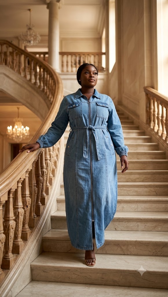 Robe longue en jean zippée ceinturée