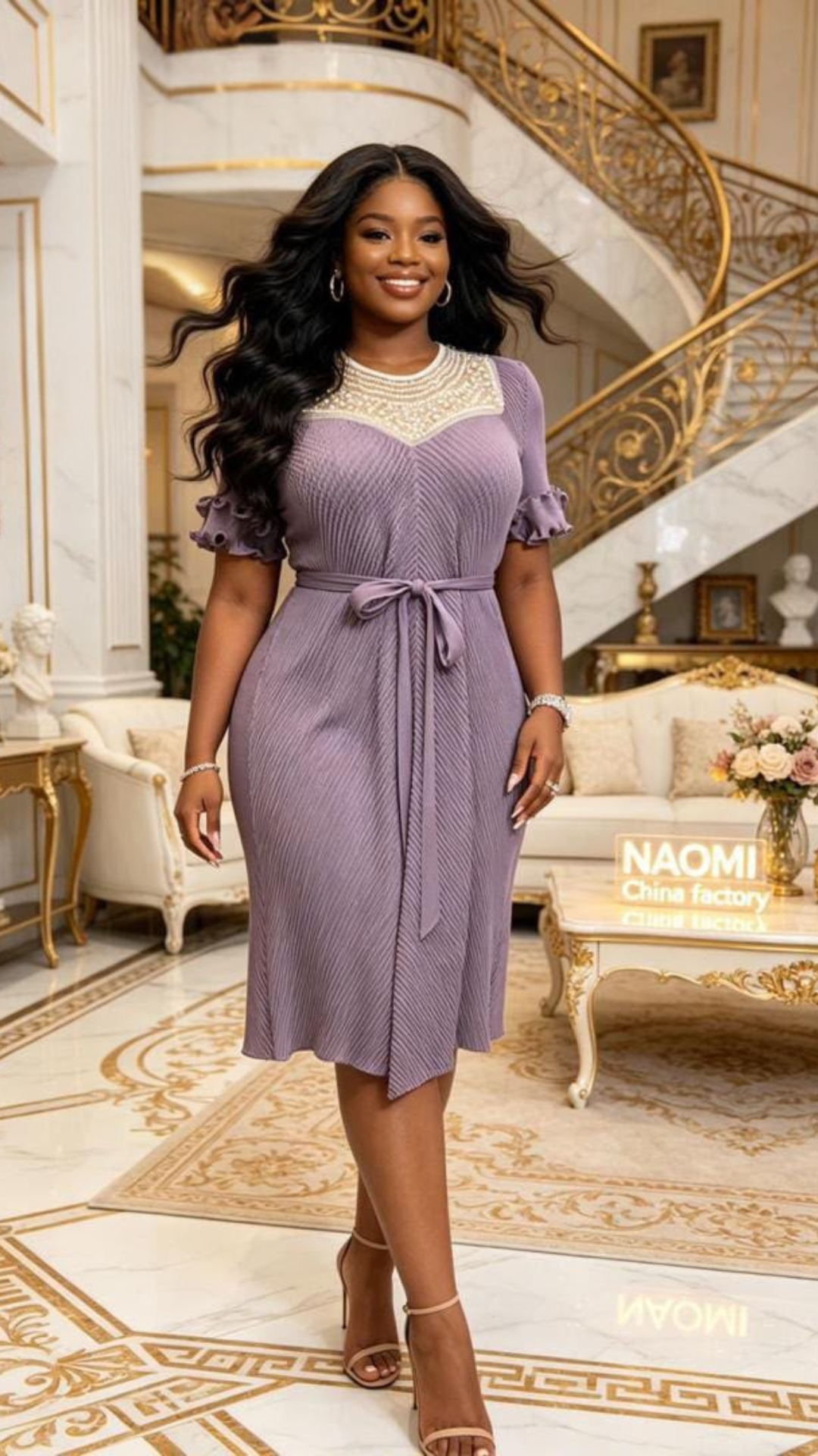 Robe côtelée mauve à col perlé
