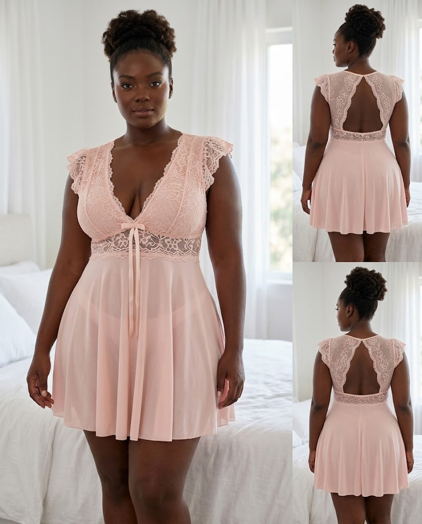 Nuisette babydoll dentelle rose vif a manches volantees