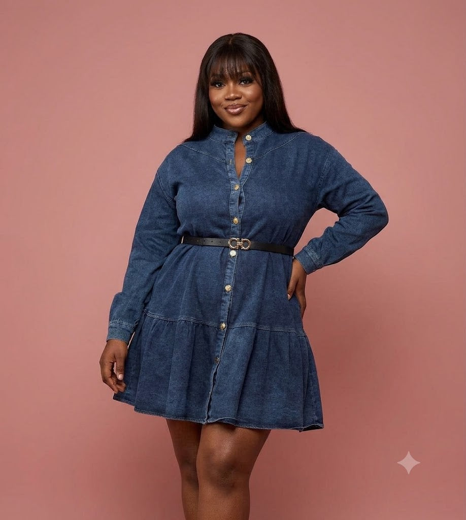 Robe courte en jean évasée ceinturée