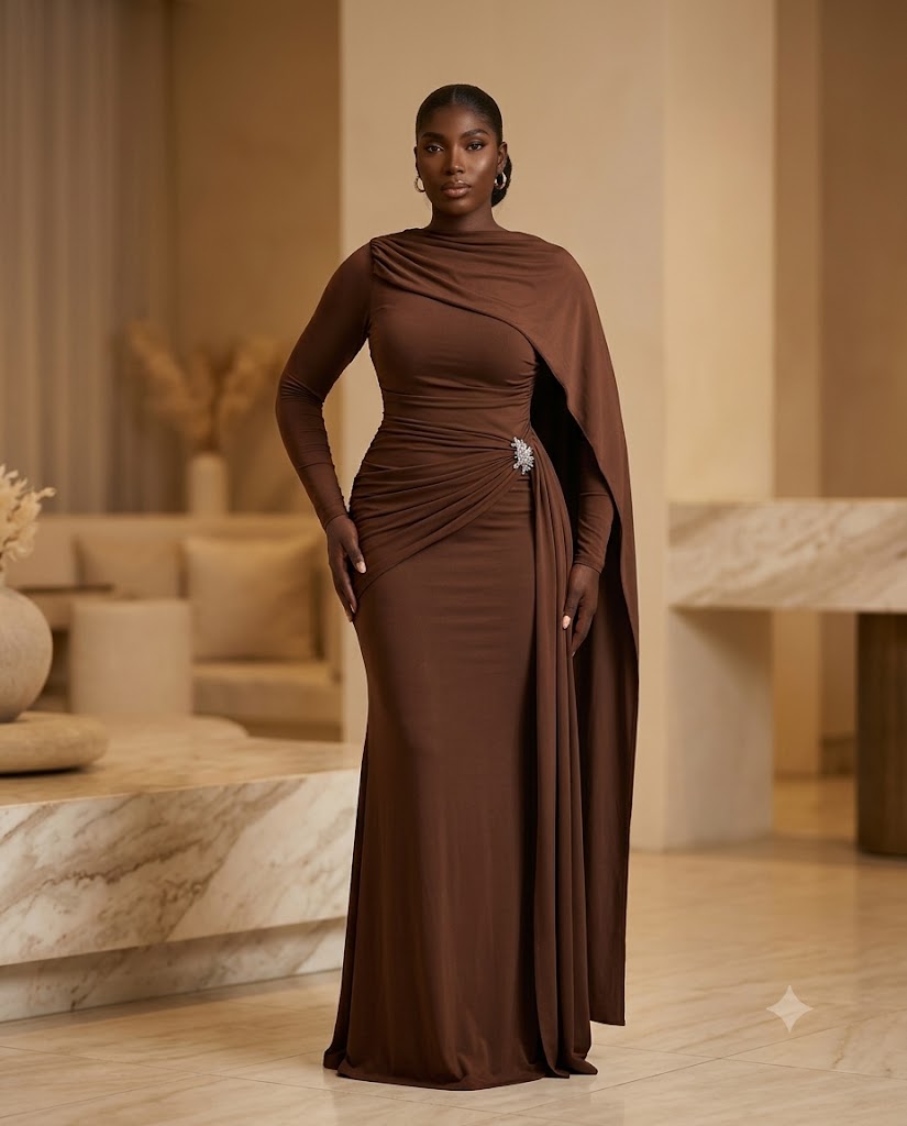 Robe longue drapée à manche cape