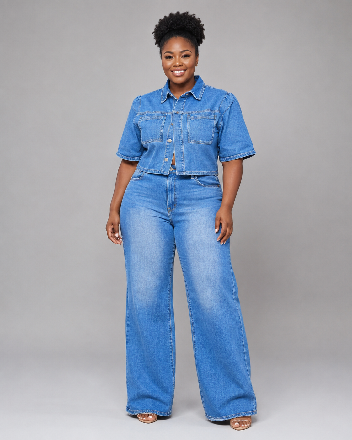 Ensemble en jean chemise courte et pantalon large, Tendressa