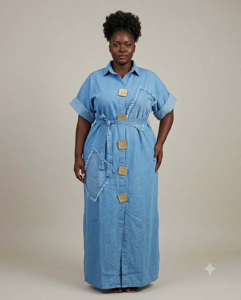 Robe longue en jean bleu clair à boutons carrés, Tendressa
