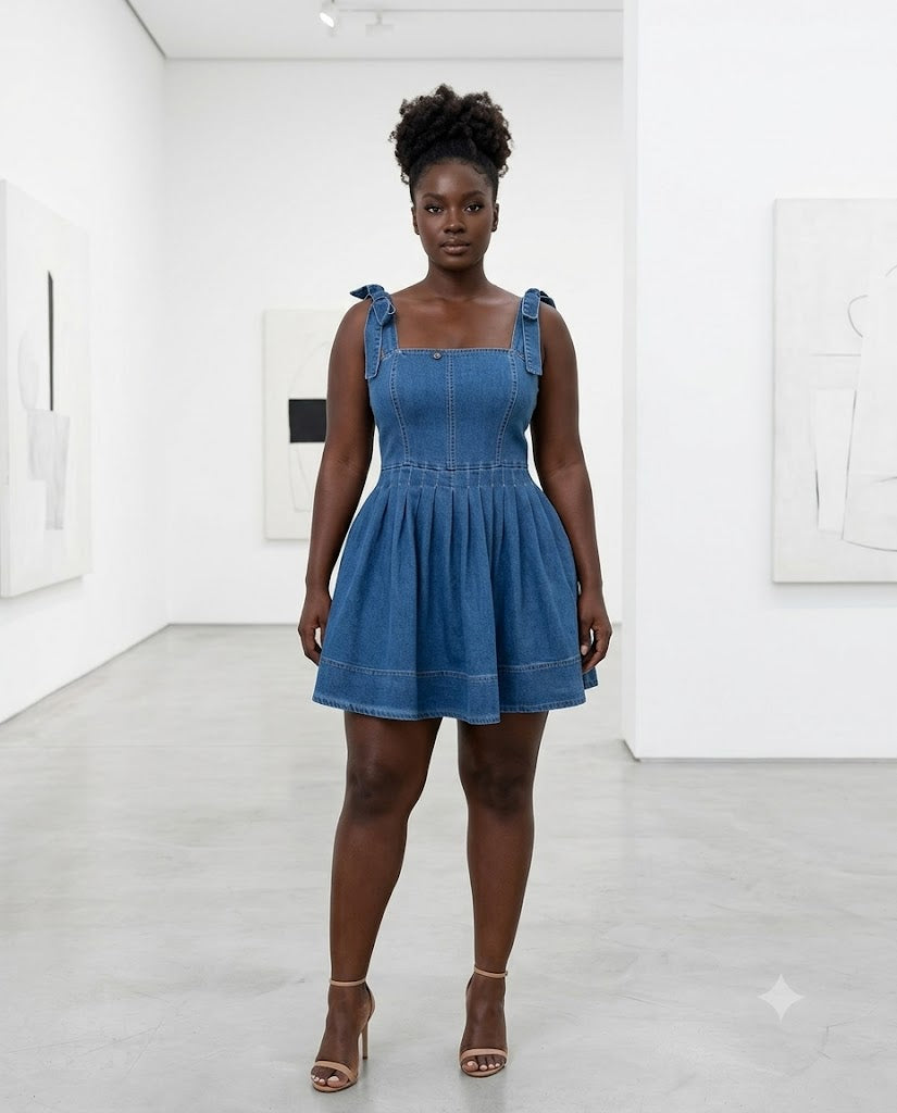Robe courte en jean à bretelles nouées, encolure carrée, Tendressa