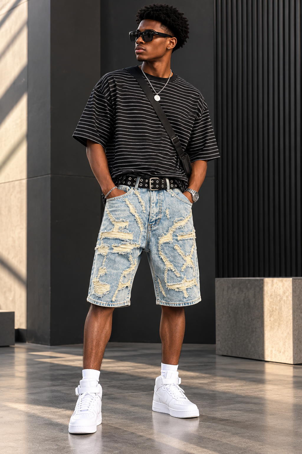 Short en jean destroy bleu délavé homme, coupe ample longueur genou, porté avec un t-shirt rayé oversize