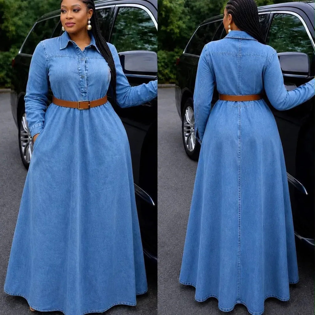 Robe longue en jean manches longues ceinturée