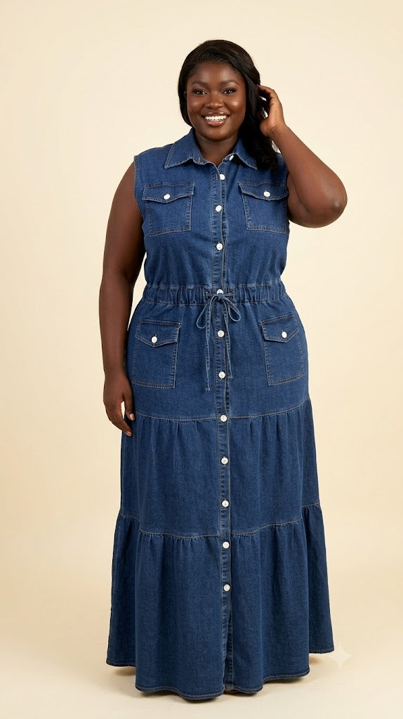 Robe longue en jean à taille cordon