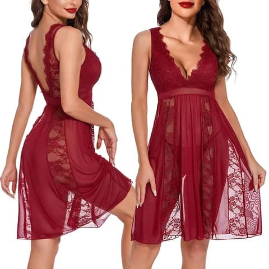 Ensemble Séduction Rouge - Robe de Nuit Mi-longue en Dentelle