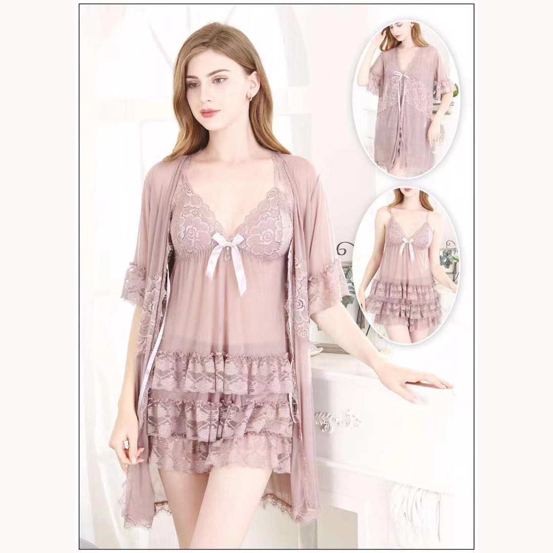 Ensemble Luxe en Dentelle Transparente - 3 Pièces Élégantes