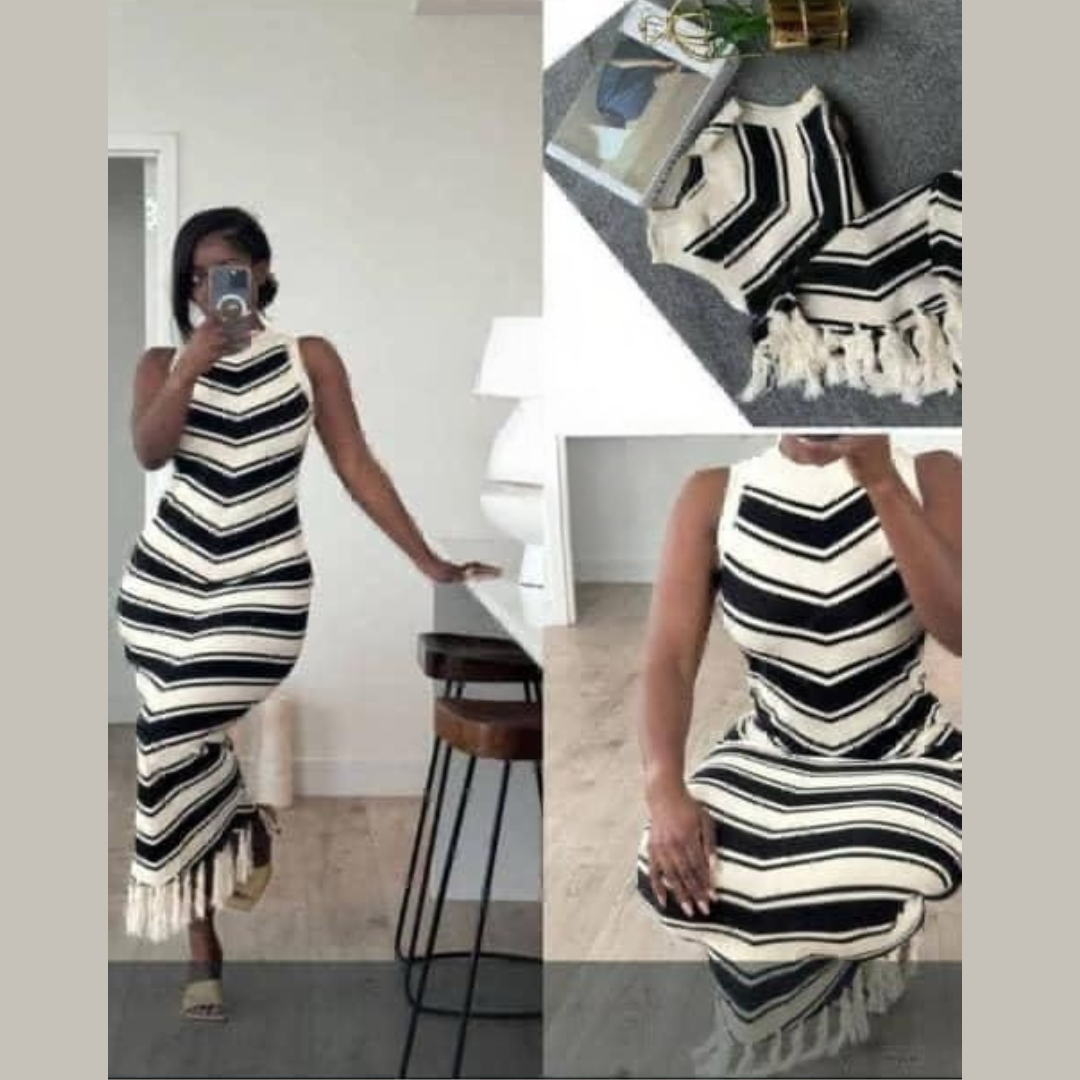Robe Longue Élégante à Rayures Noires et Blanches avec Franges