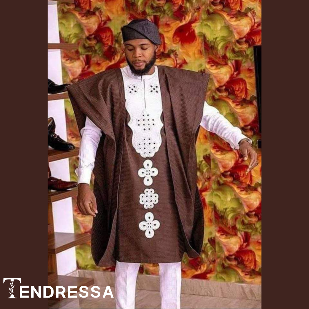 Ensemble 3 Pièces Homme – Boubou Brodé, Chemise & Pantalon Marron | Élégance Traditionnelle