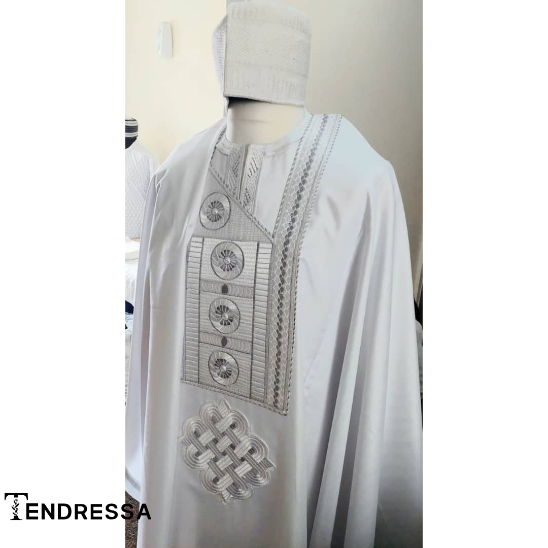 Tunique 3 Pièces Homme – Boubou Africain Blanc Brodé | Élégance & Tradition Sans Chapeau