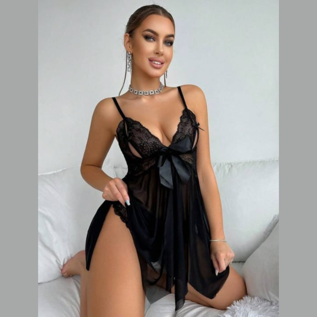 Nuisette Sexy Noire en Voile & Dentelle – Élégance Intemporelle & Séduction Sublime