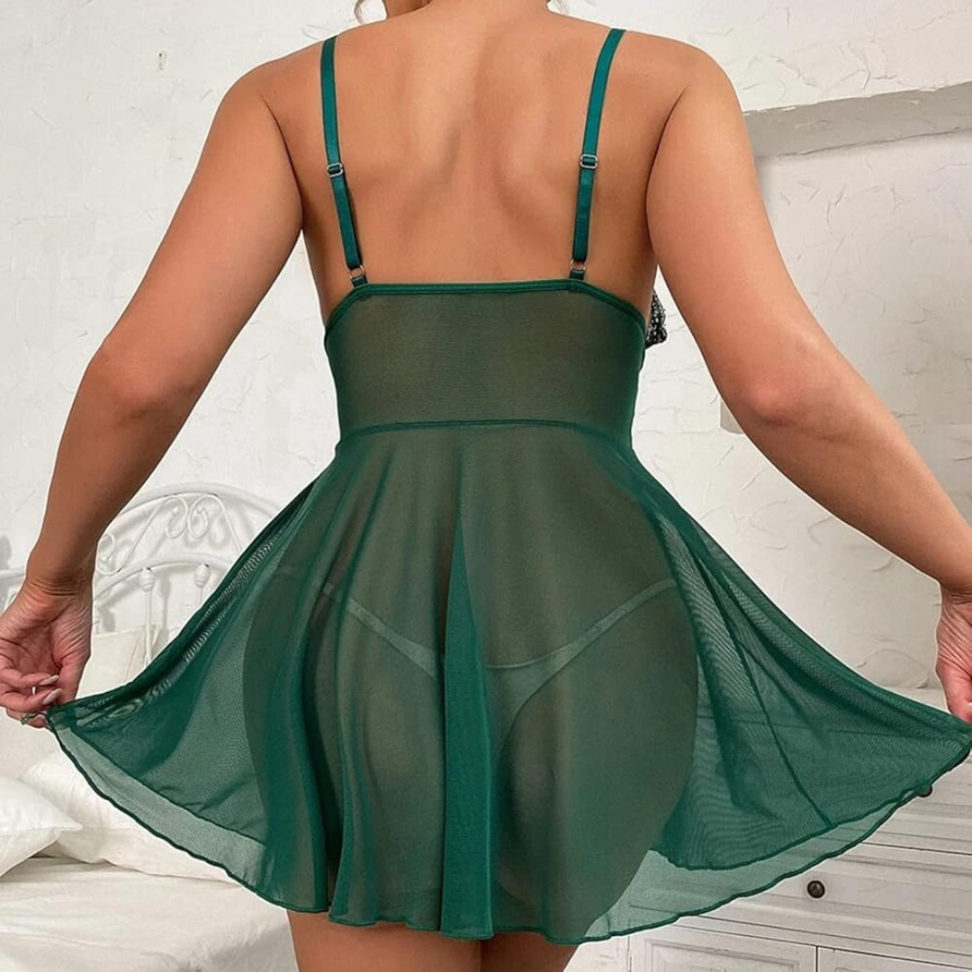 Nuisette Sexy en Dentelle & Voile Vert Émeraude – Sans dessous
