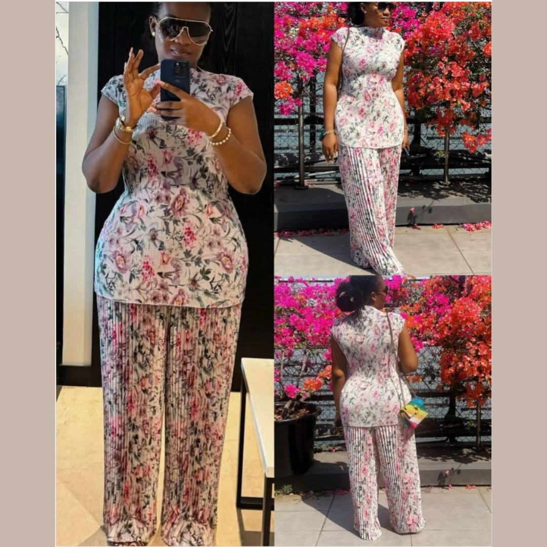 Ensemble Fleuri – Tunique Cintrée & Pantalon Plissé, Chic sans Effort