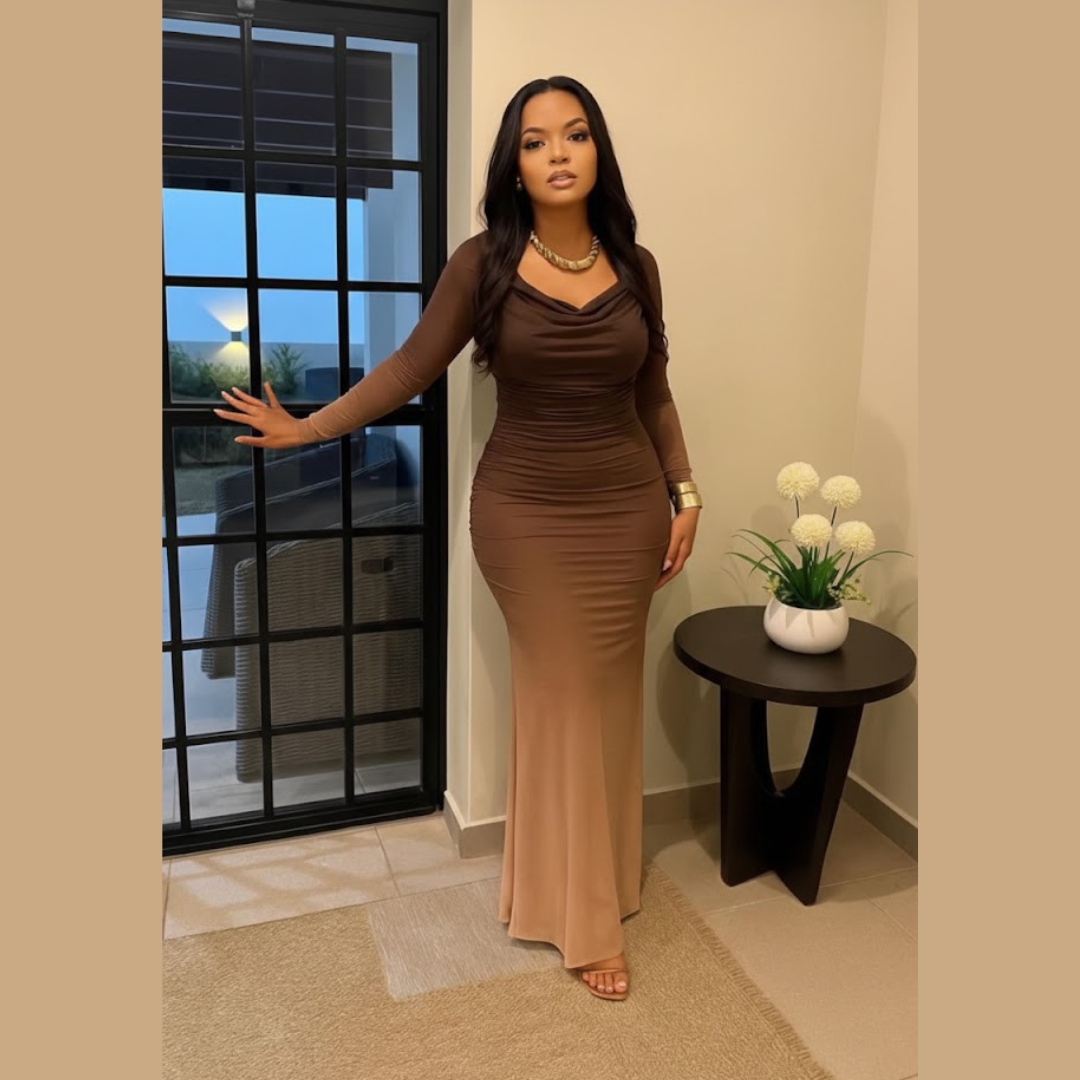 Robe Longue Moulante Marron Chocolat – Élégance & Assurance