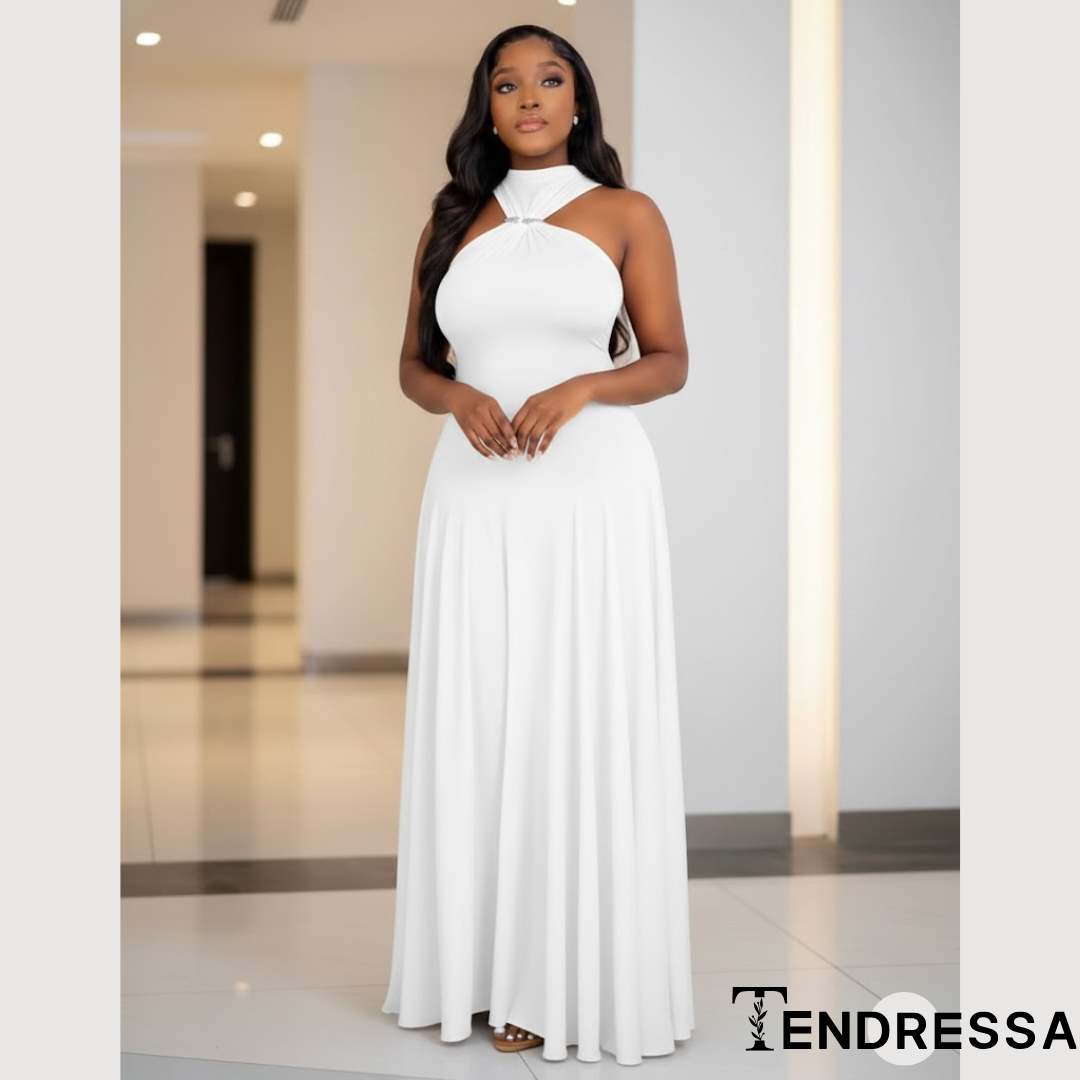 Robe Longue Fluide Col Halter – Élégance Intemporelle