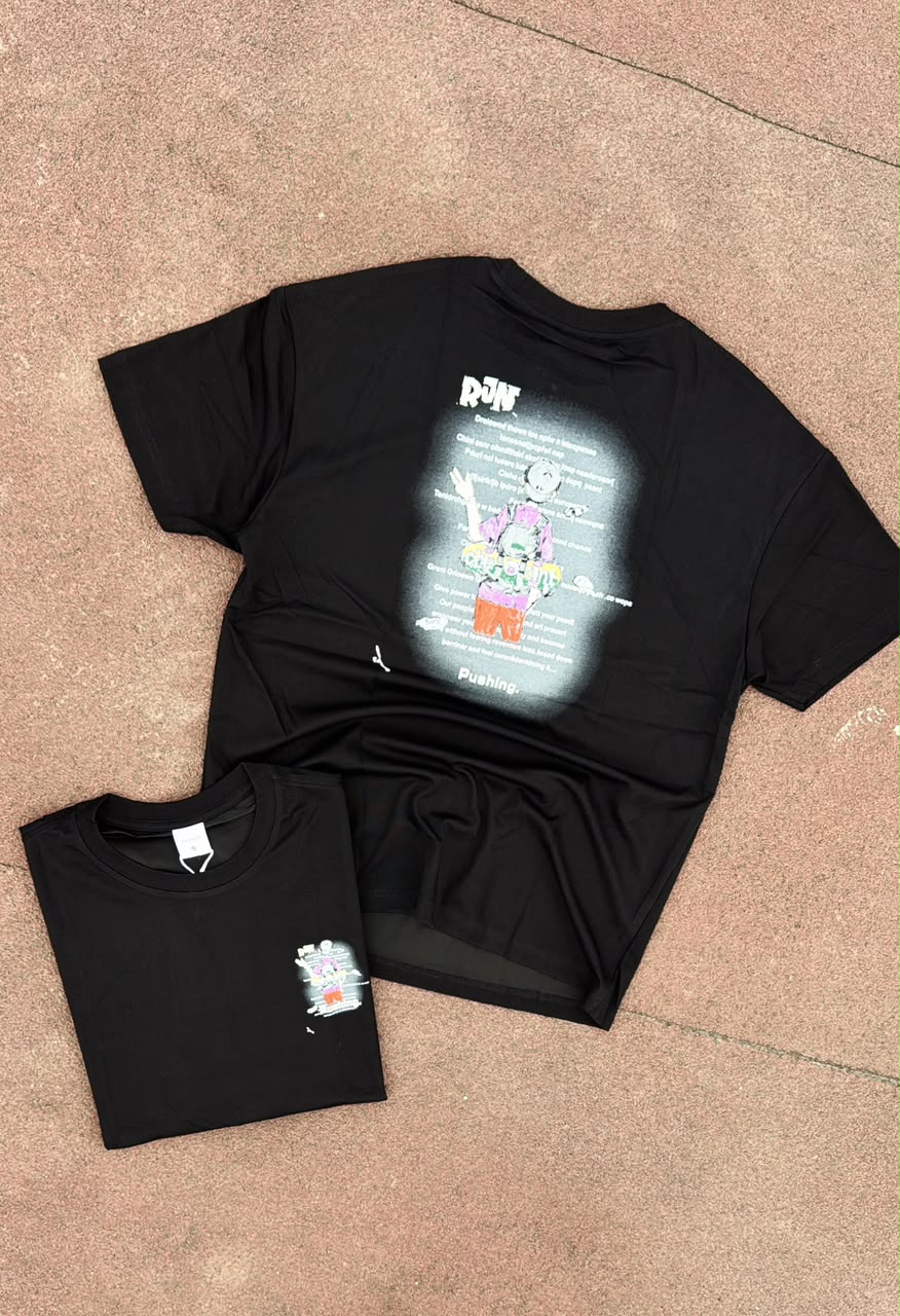 T-shirt oversize noir skateur Run Pushing, dos et devant
