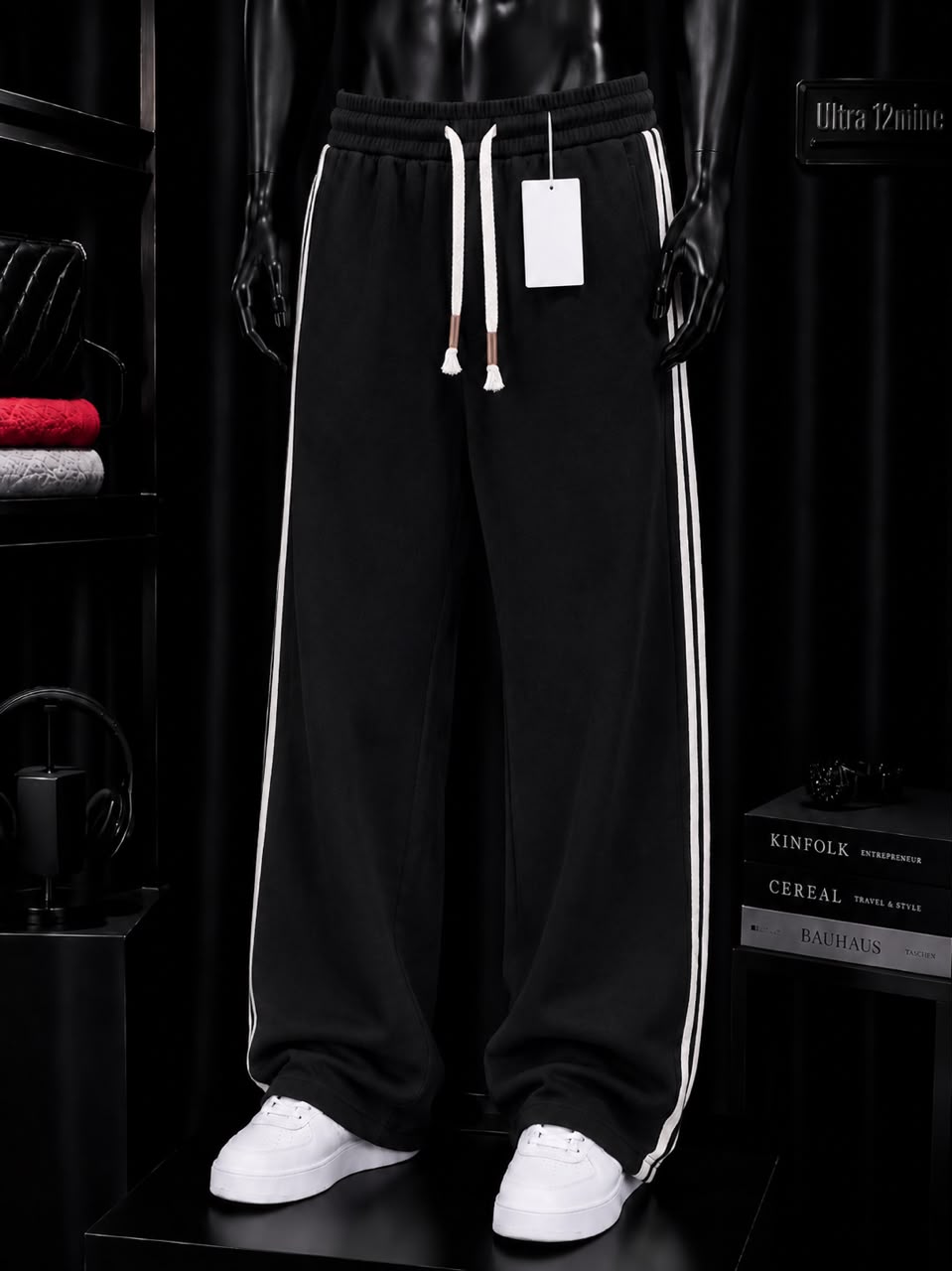 Pantalon large noir à bandes blanches