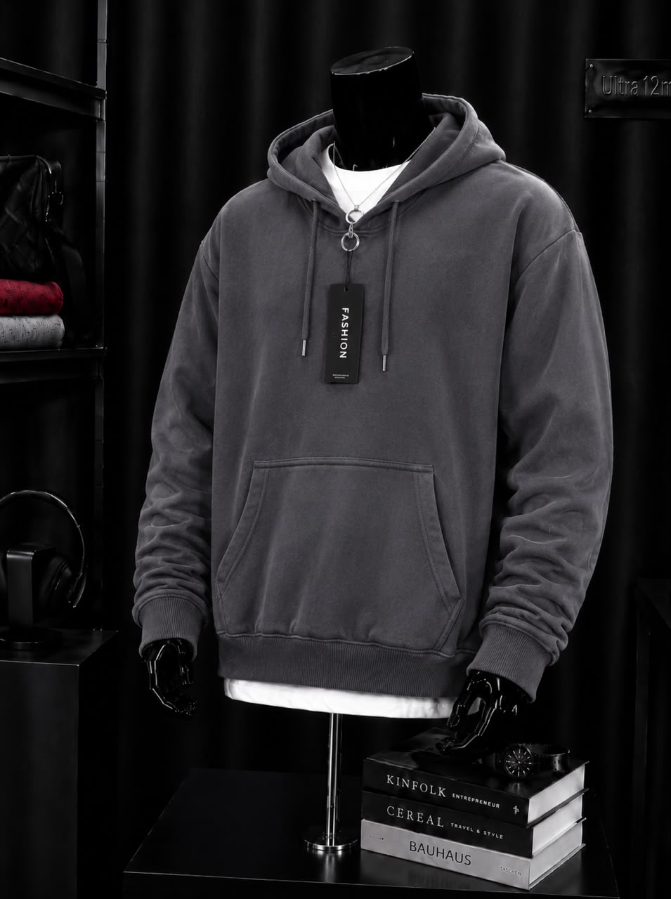 Sweat à capuche gris anthracite délavé