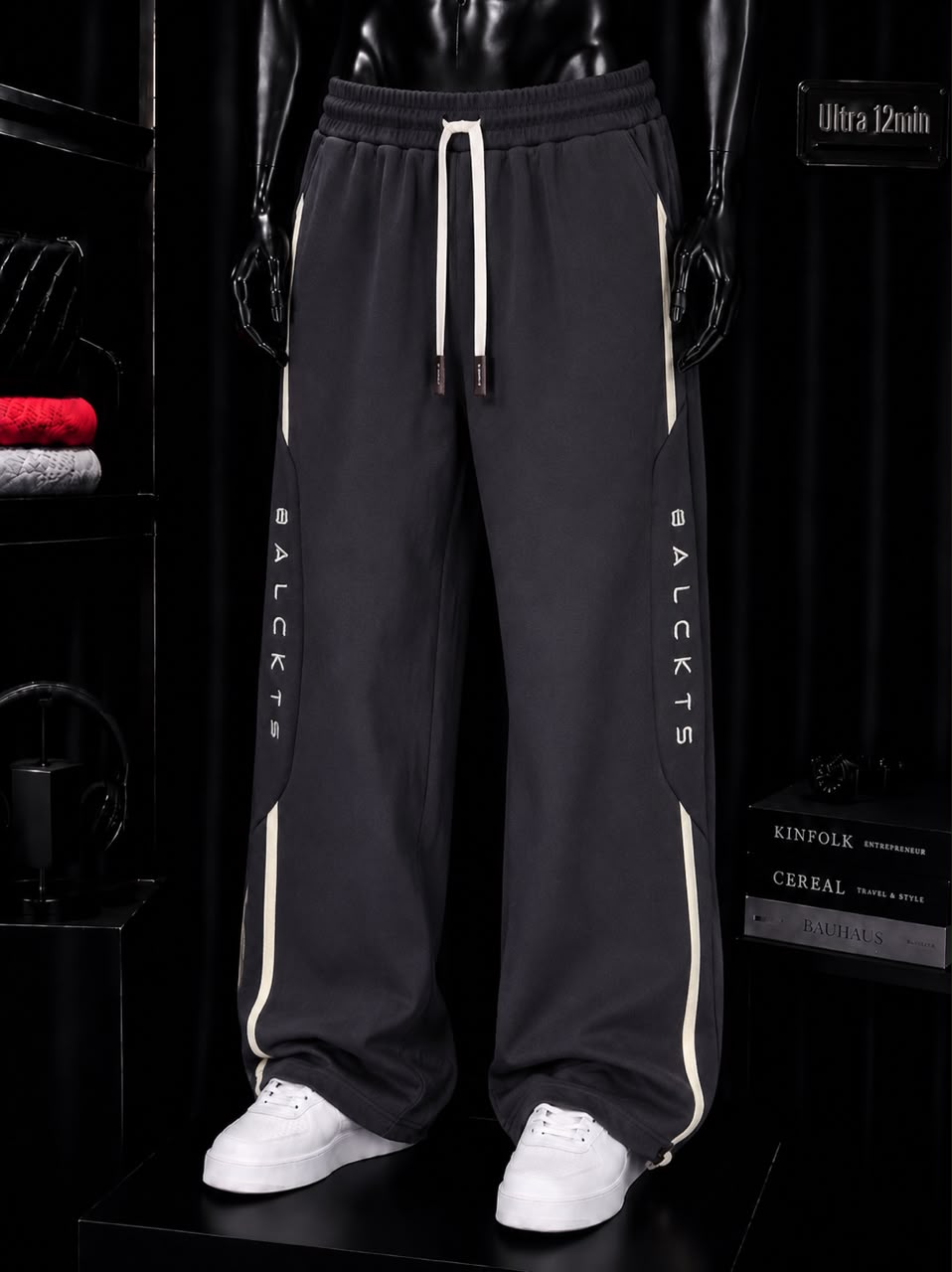Pantalon large anthracite liseré écru