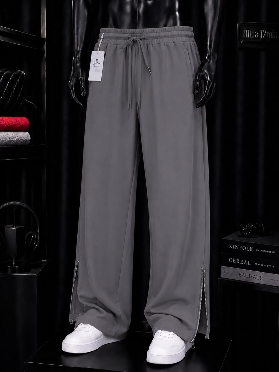 Pantalon large gris zips chevilles