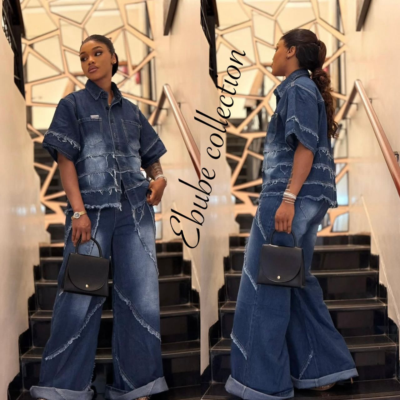 Ensemble en jean effiloché chemise et pantalon large, Tendressa