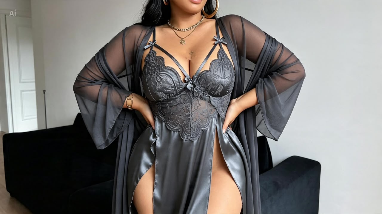 Ensemble nuisette dentelle et peignoir voile rouge