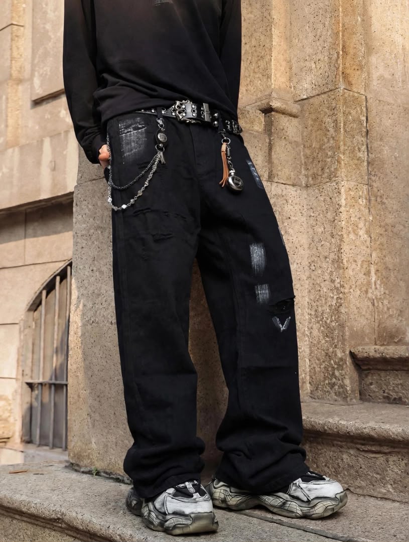Jean baggy noir destroy effet peinture homme — Tendressa
