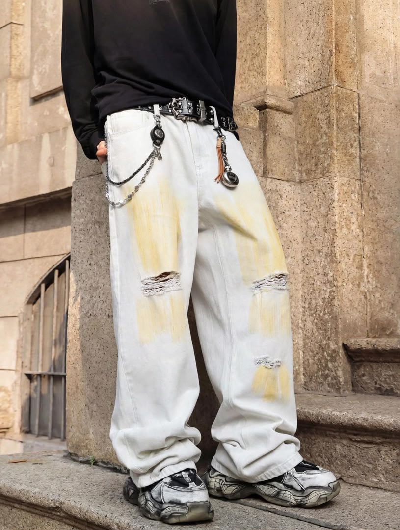 Jean baggy blanc destroy effet délavé jaune homme — Tendressa