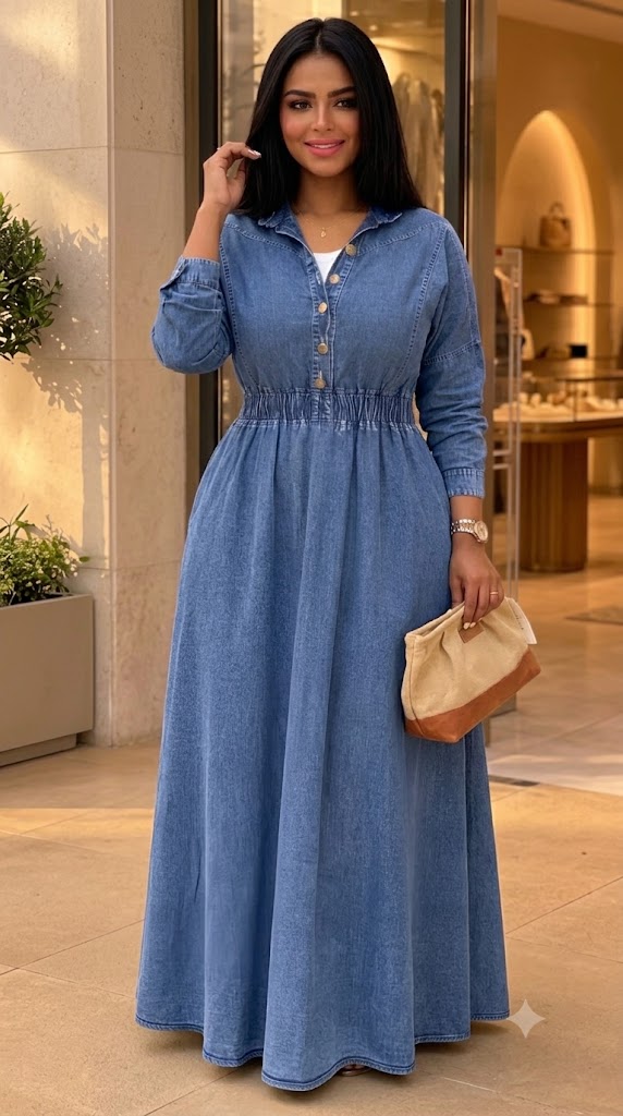 Robe longue en jean clair boutonnée
