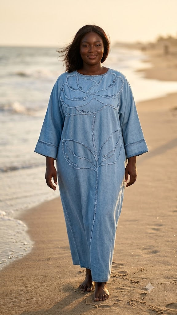 Robe longue en jean brodée motif floral