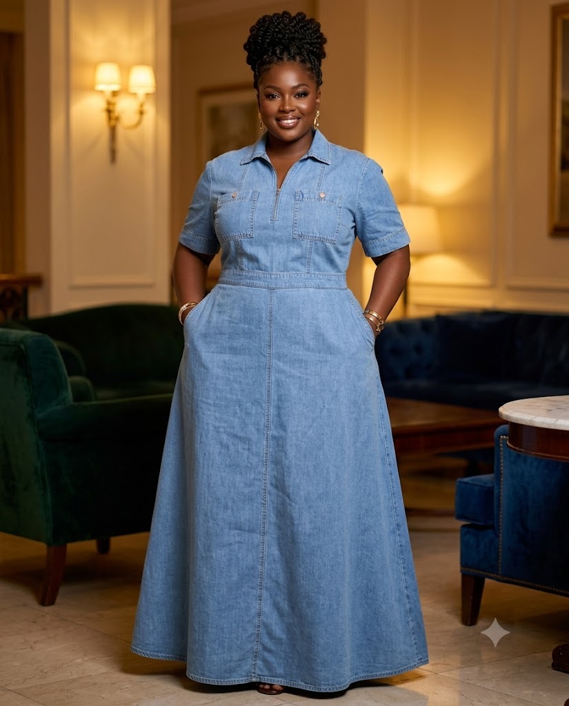 Robe longue en jean col zippé