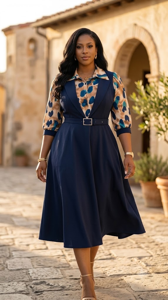 Robe-tablier ceinturée à chemisier imprimé