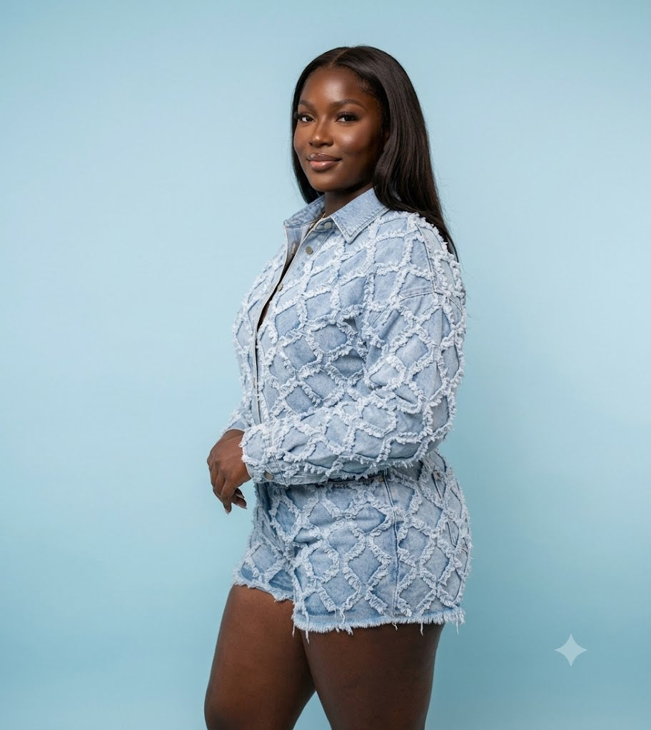 Ensemble veste et short en jean texturé