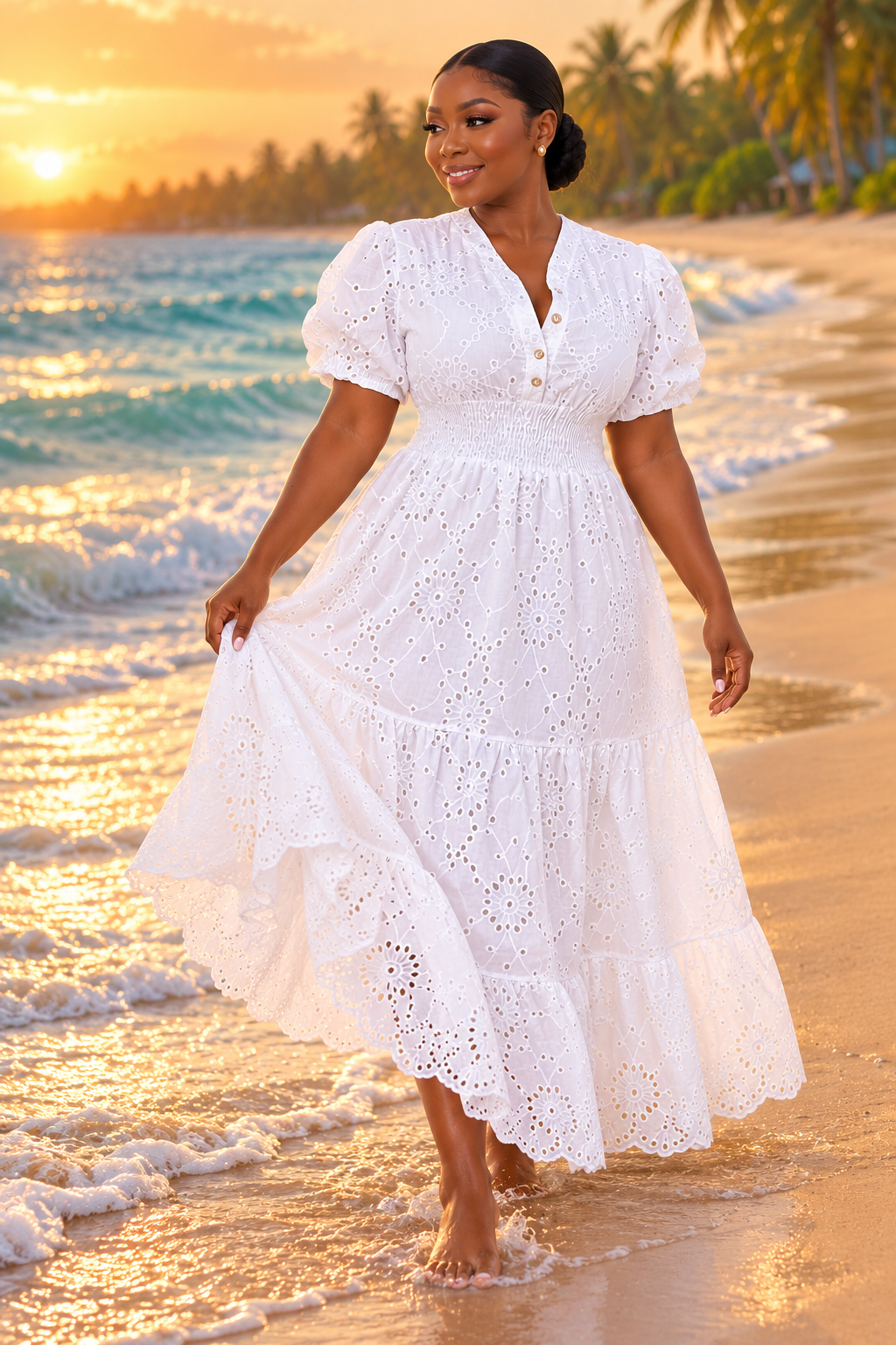 Robe longue blanche en broderie anglaise portée à la plage