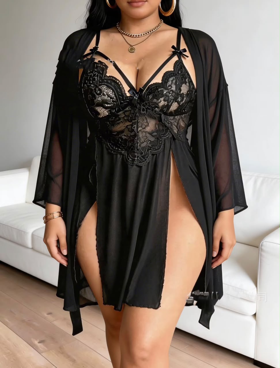 Ensemble nuisette dentelle et peignoir voile noir