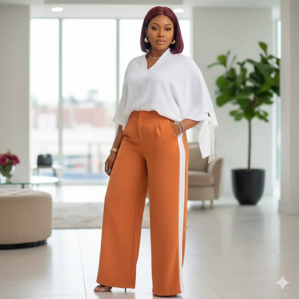 Ensemble Casual Chic Blanc & Orange – Élégance Moderne et Allure Affirmée