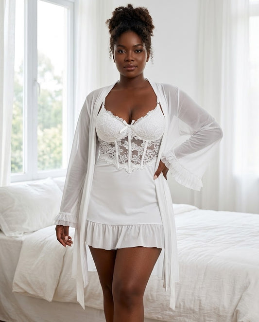 Ensemble nuisette bustier dentelle et peignoir voile blanc