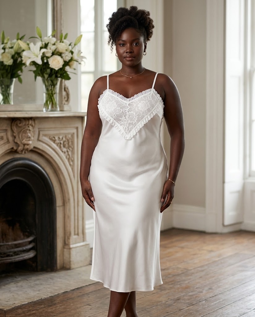Nuisette longue en satin blanc à empiècement dentelle en coeur