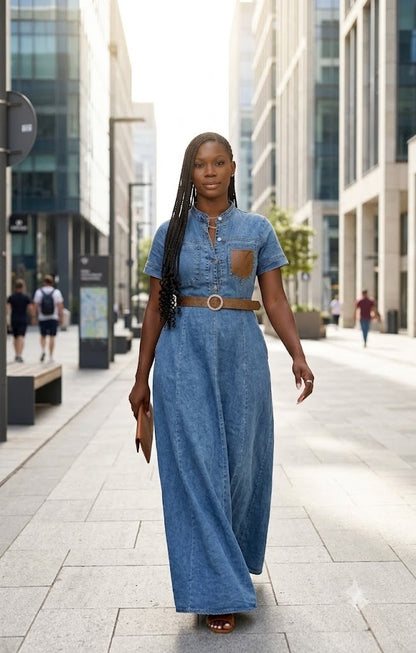 Robe longue en jean à poche poitrine