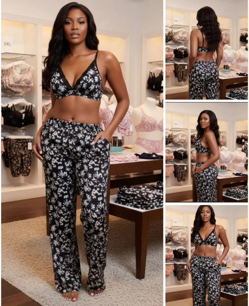 Pyjama Noir Fleurs Blanches 2 Pièces