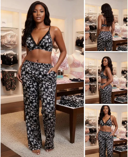 Pyjama Noir Fleurs Blanches 2 Pièces
