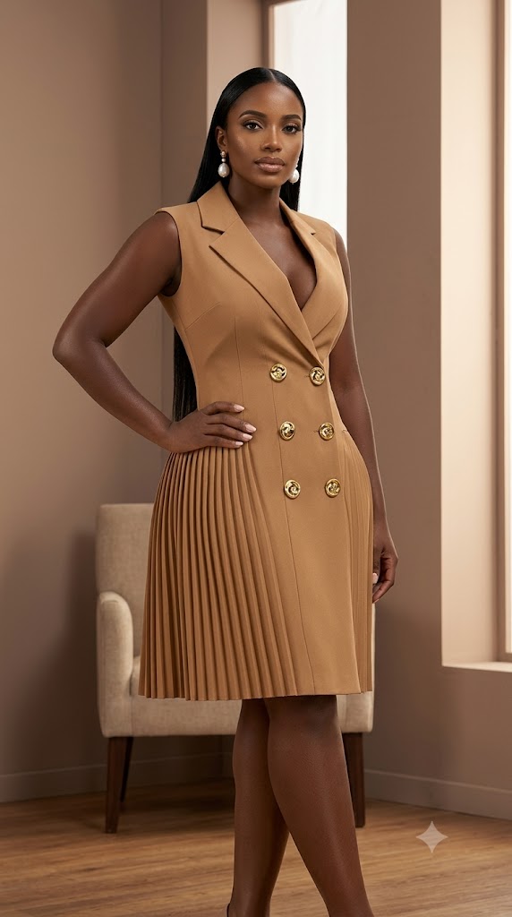 Robe blazer camel à jupe plissée