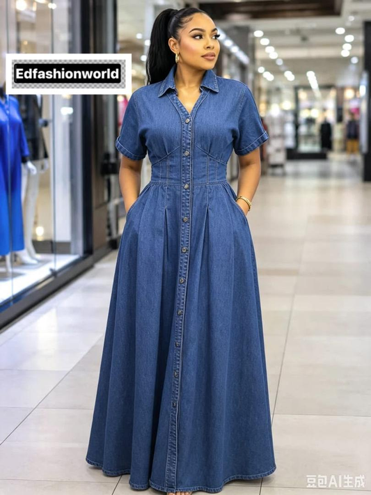 Robe Longue en Jean – Coupe Cintrée & Évasée
