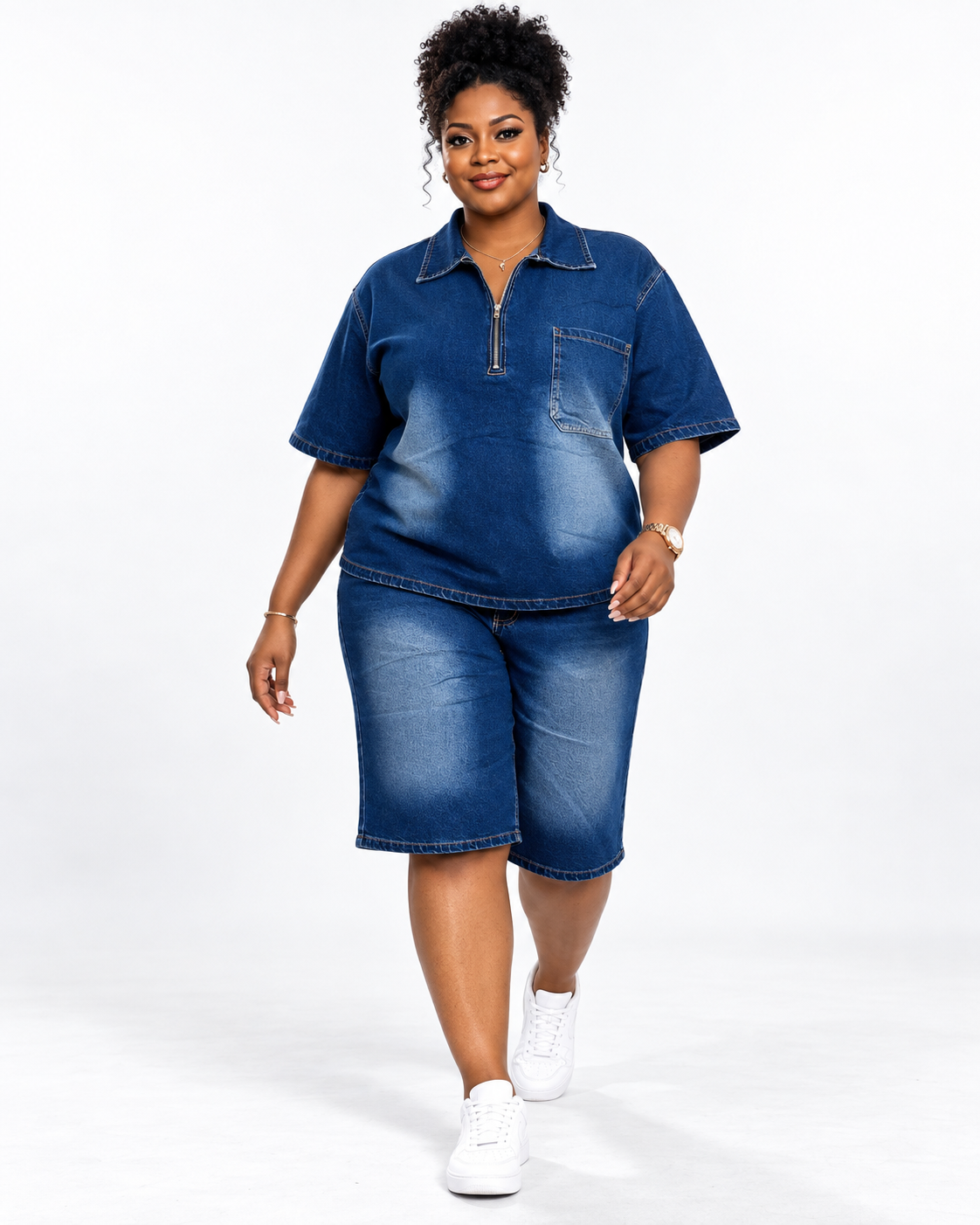 Ensemble en jean chemise zippée et short long Tendressa