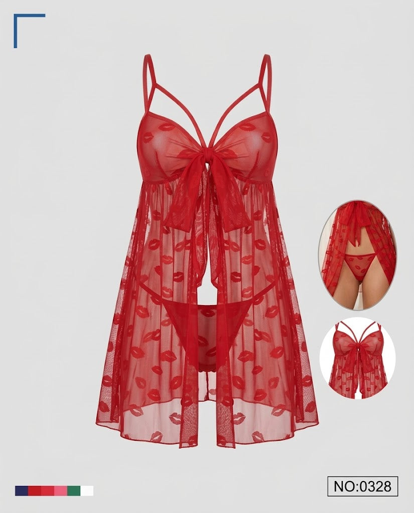 Nuisette rouge en voile motif bouches Tendressa - vue 3