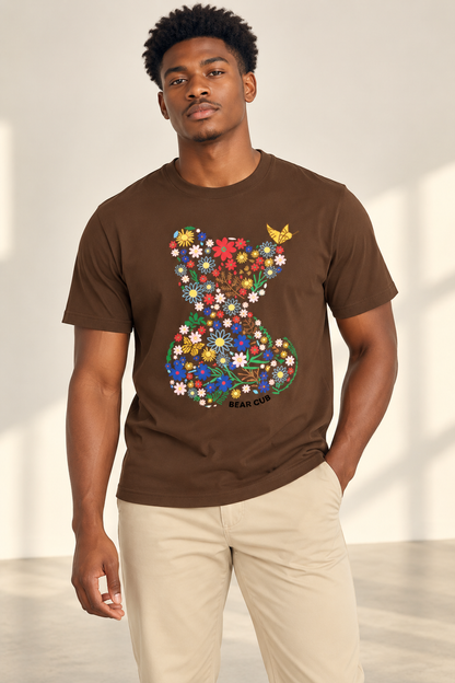 T-shirt marron imprimé ourson fleuri, coupe classique