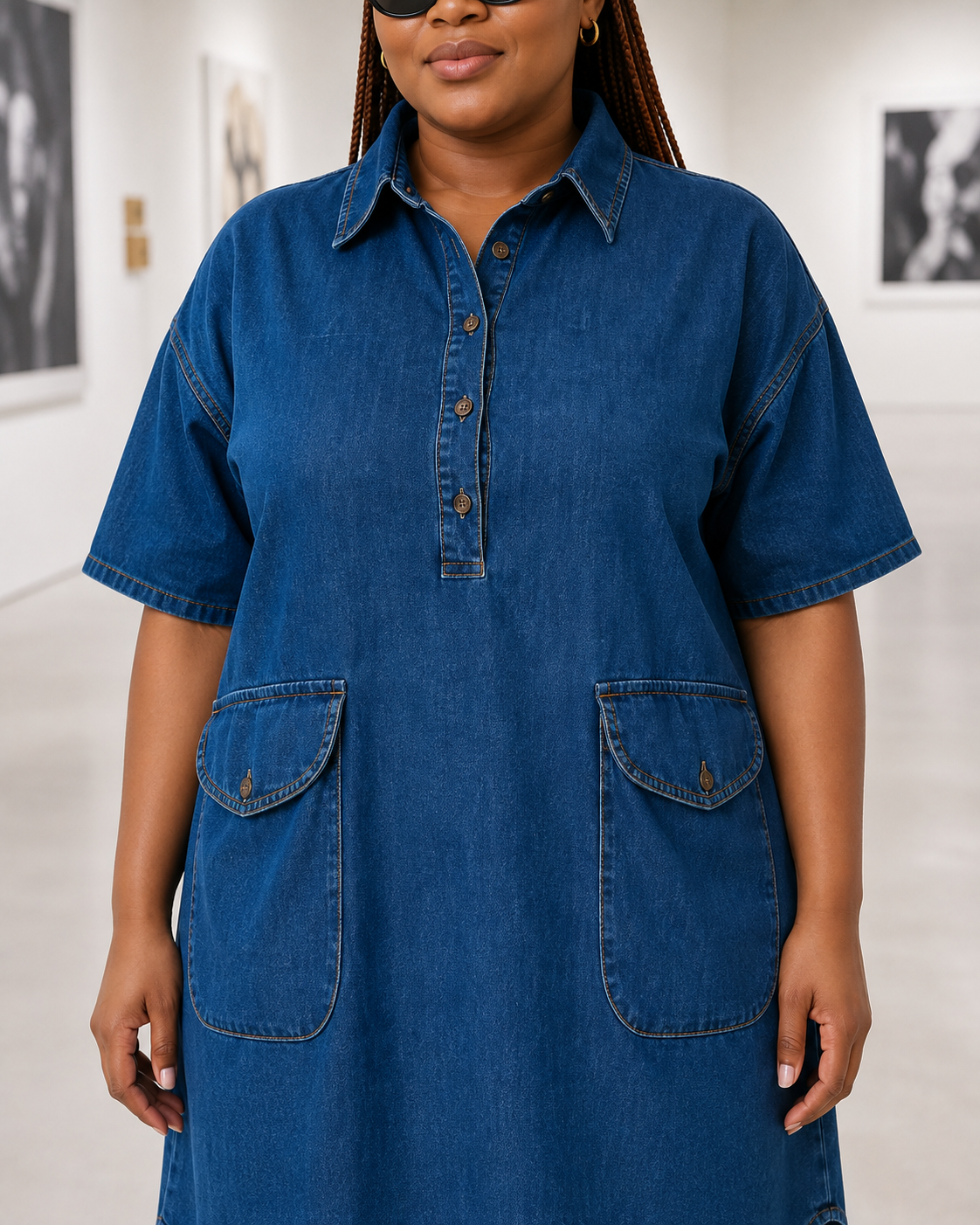 Robe chemise courte en jean, vue de dos et ourlet arrondi